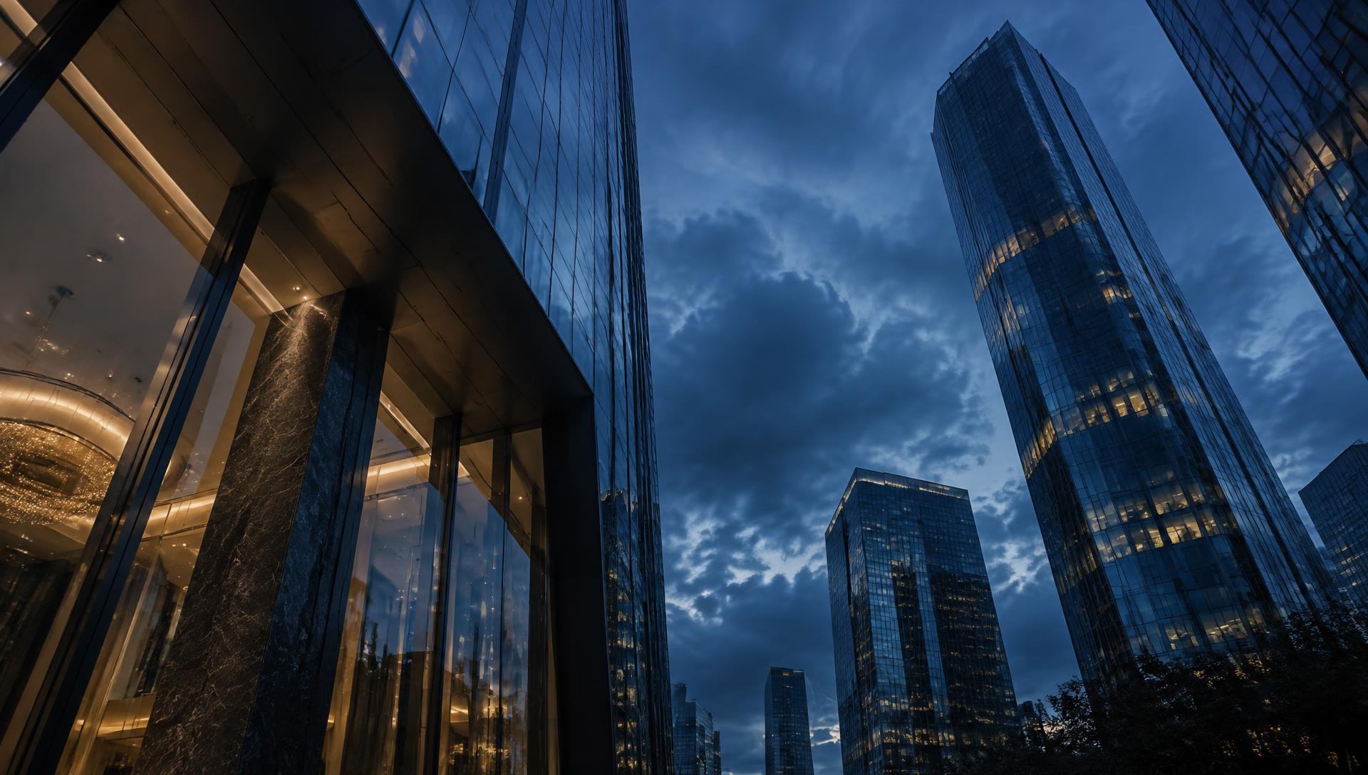 Glass financial architecture beneath an evening sky
